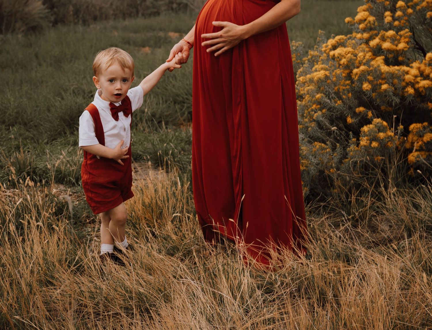 Child in red outfit reaches toward mother's dress amid mountain scenery and yellow wildflowers.