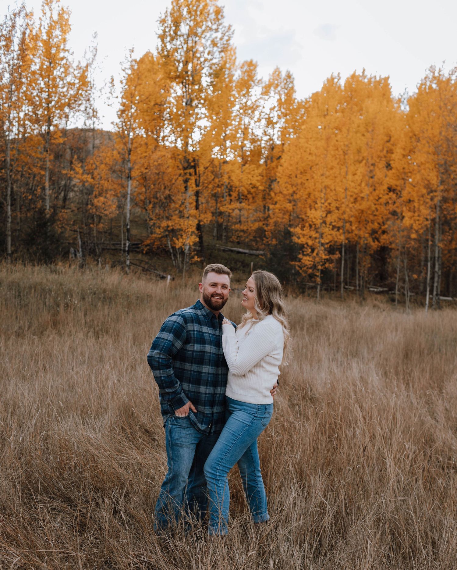 Couple shares loving moment in autumn field with golden aspen grove.