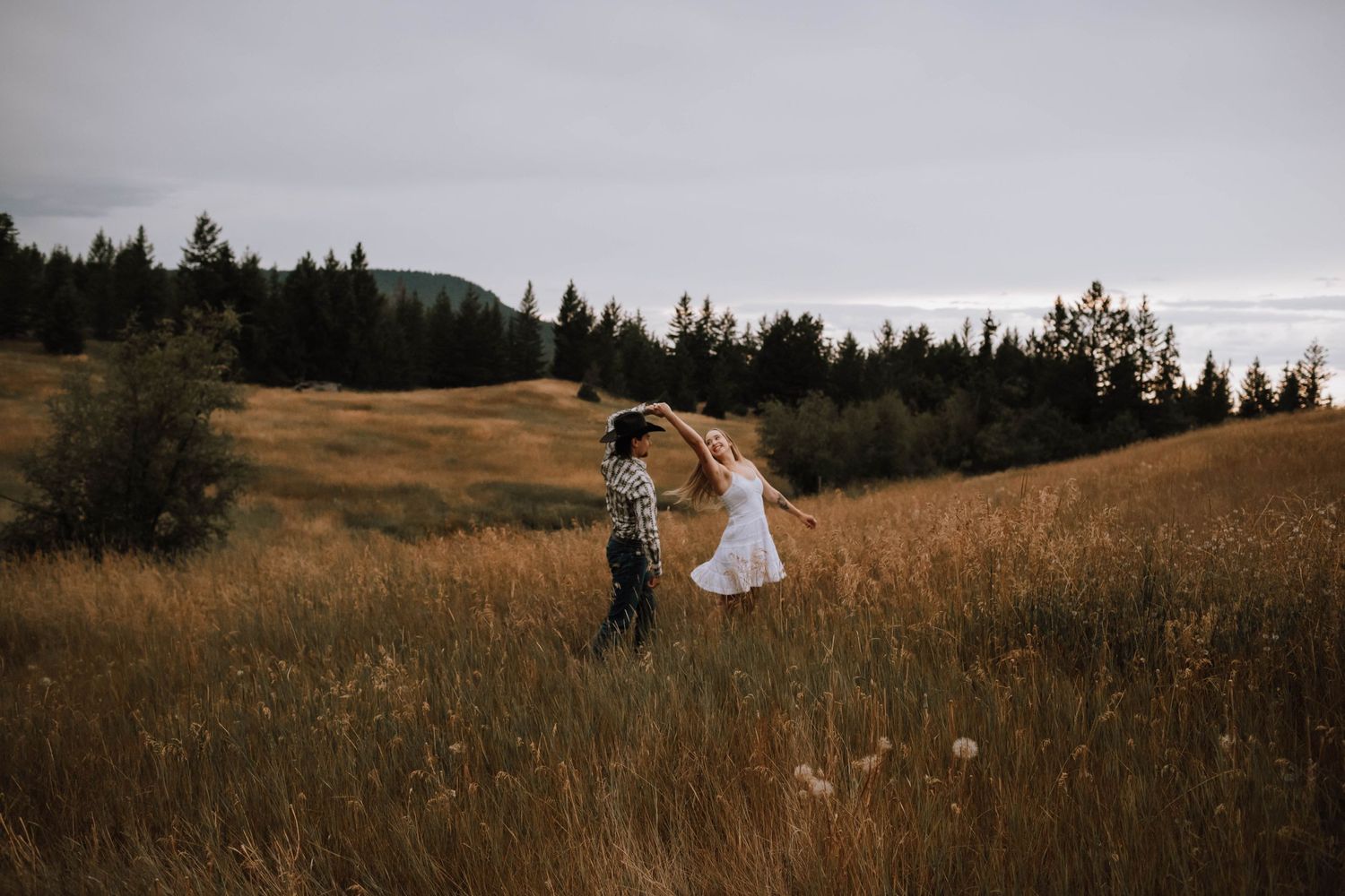 A romantic dance in a golden field with mountains and evergreens in the background.