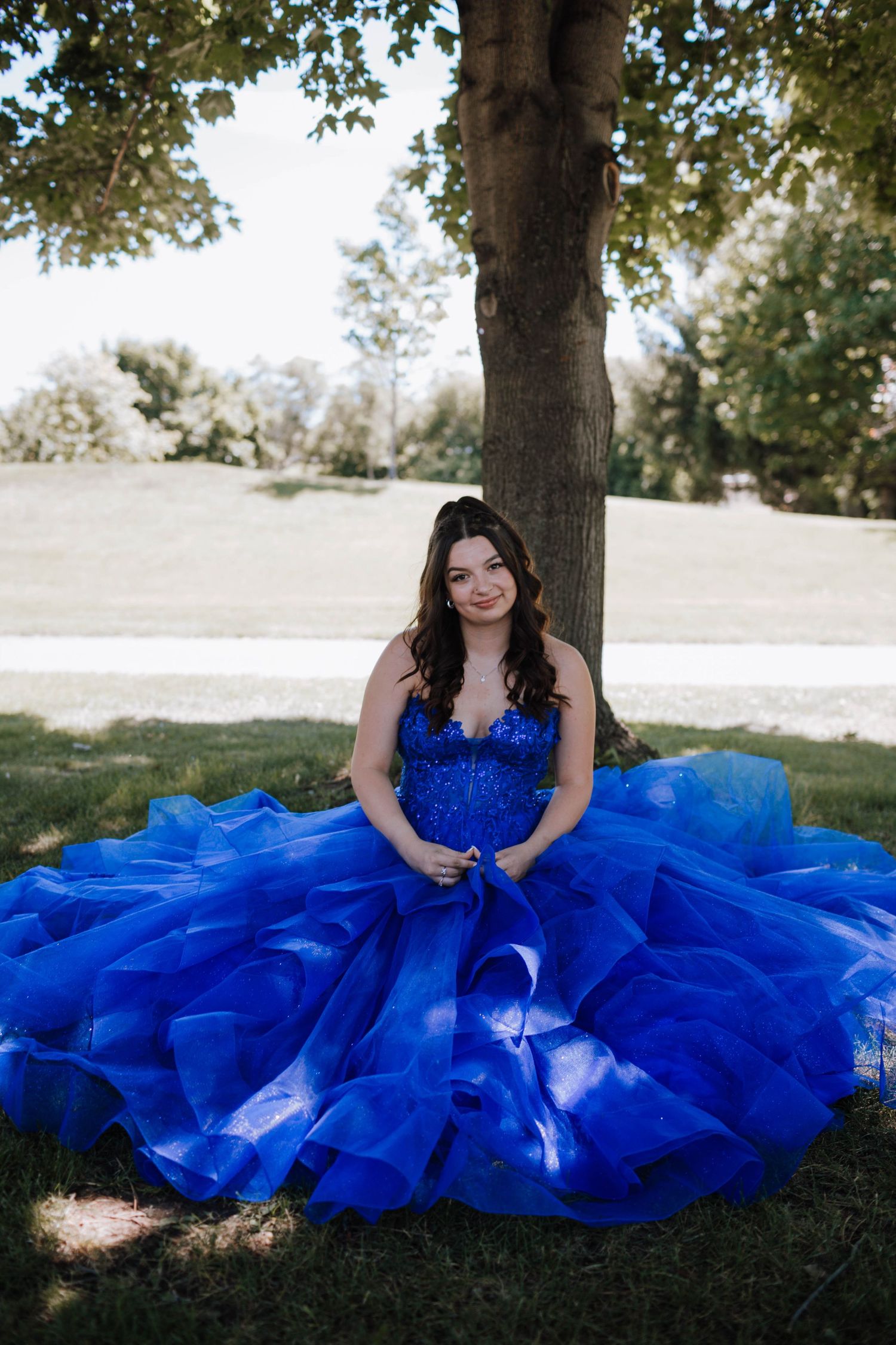 A voluminous royal blue ball gown with sparkly bodice spreads beautifully on grass under a tree.