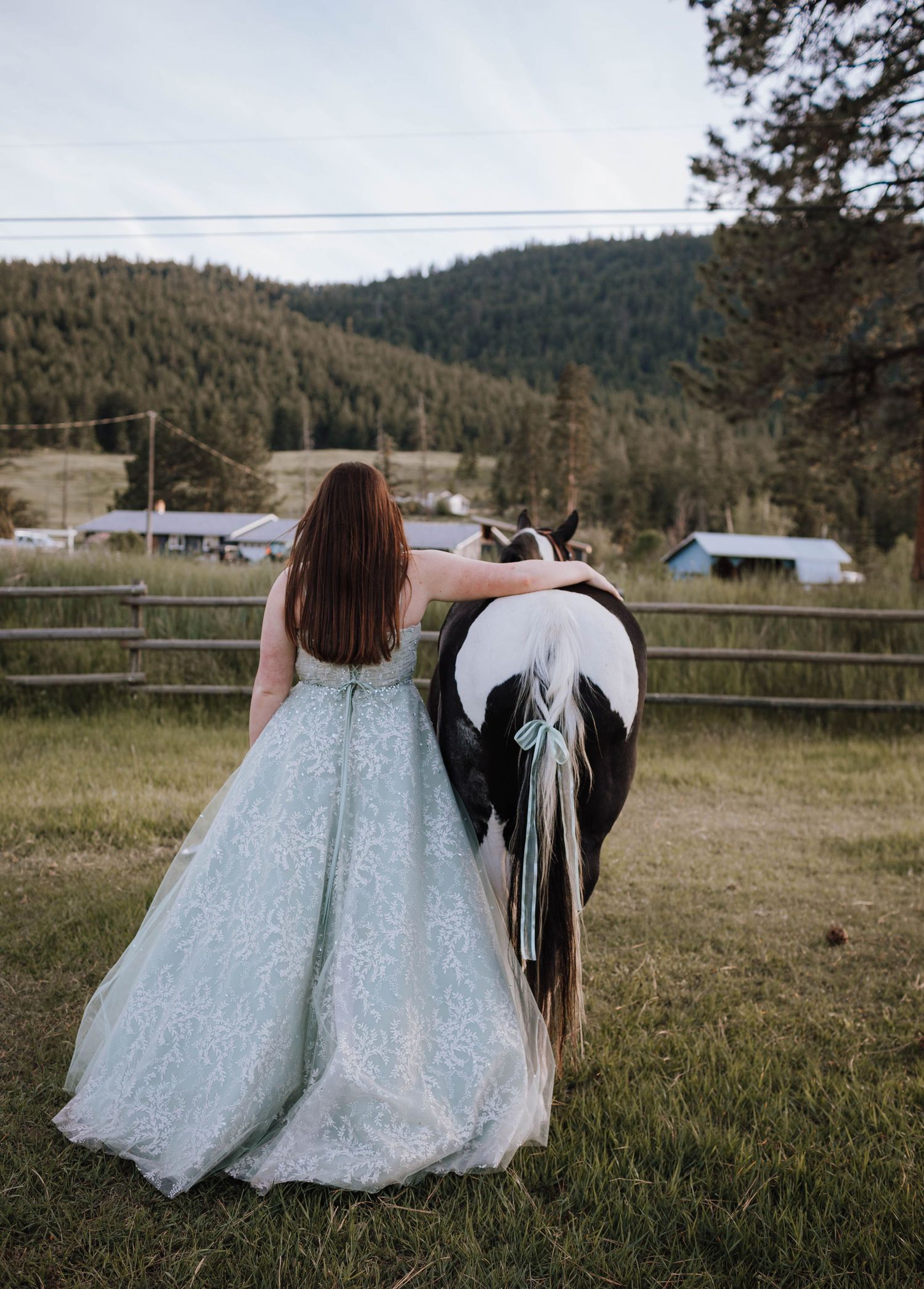 A white lace ballgown-clad figure stands beside a black and white horse in a scenic mountain pasture.