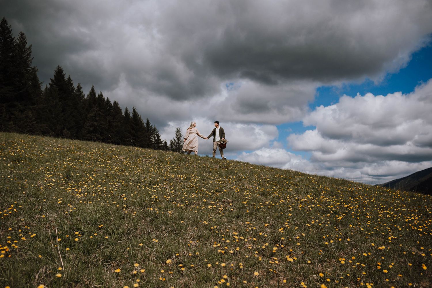 A couple walks through a scenic mountain meadow filled with yellow wildflowers under dramatic cloudy skies.
