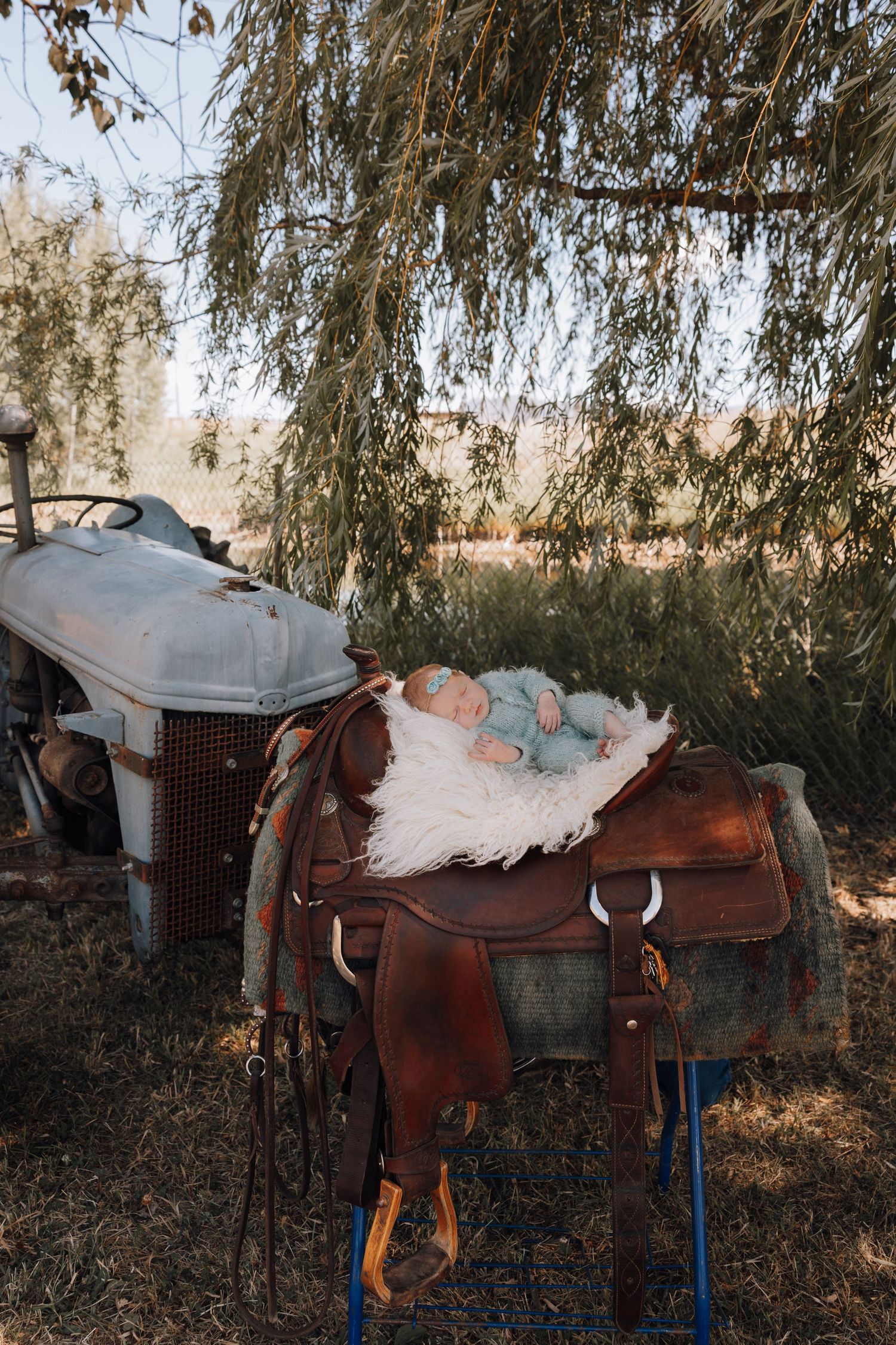 Newborn baby sleeping on a leather western saddle outdoors near a vintage tractor under a weeping willow tree.