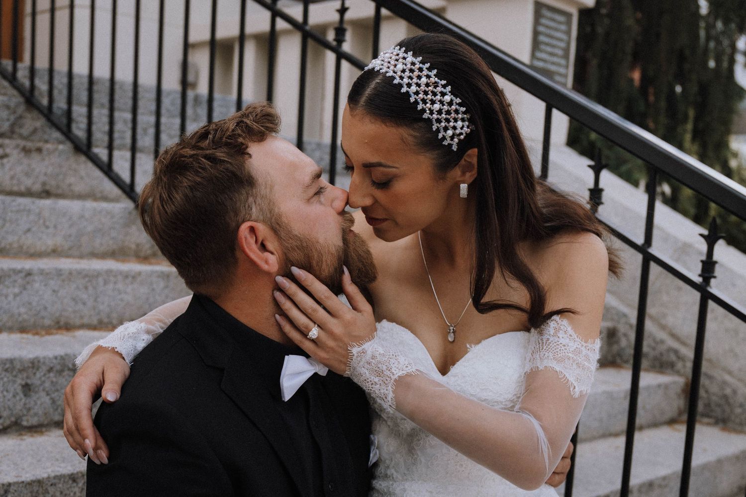 A romantic wedding couple shares tender kisses and intimate moments together in a photo collage.