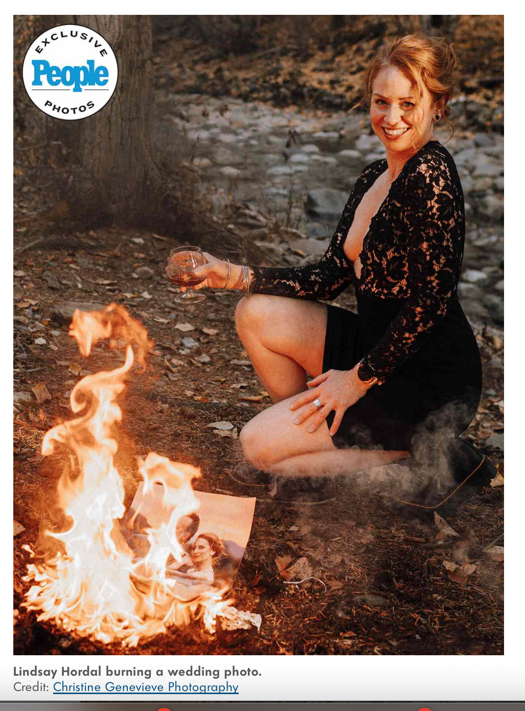 A woman in black lace sits near a bonfire burning what appears to be photos in a series of outdoor shots.