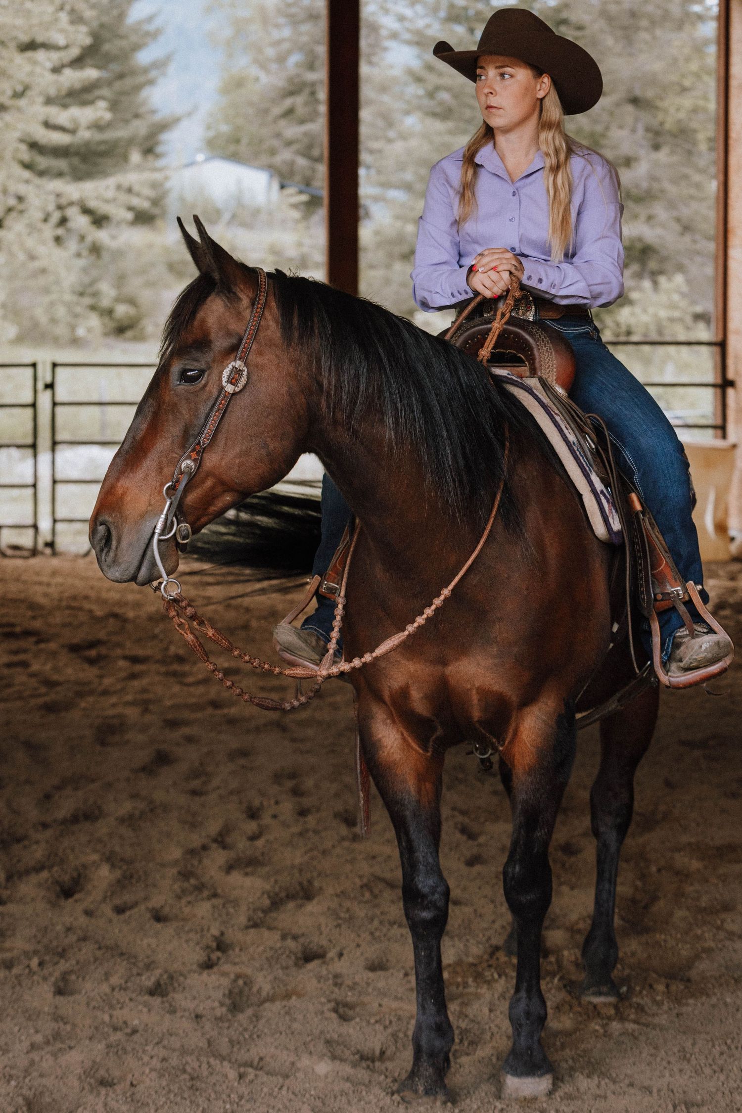 A rider in western attire guides a dark brown horse through a covered arena during an equestrian training session.