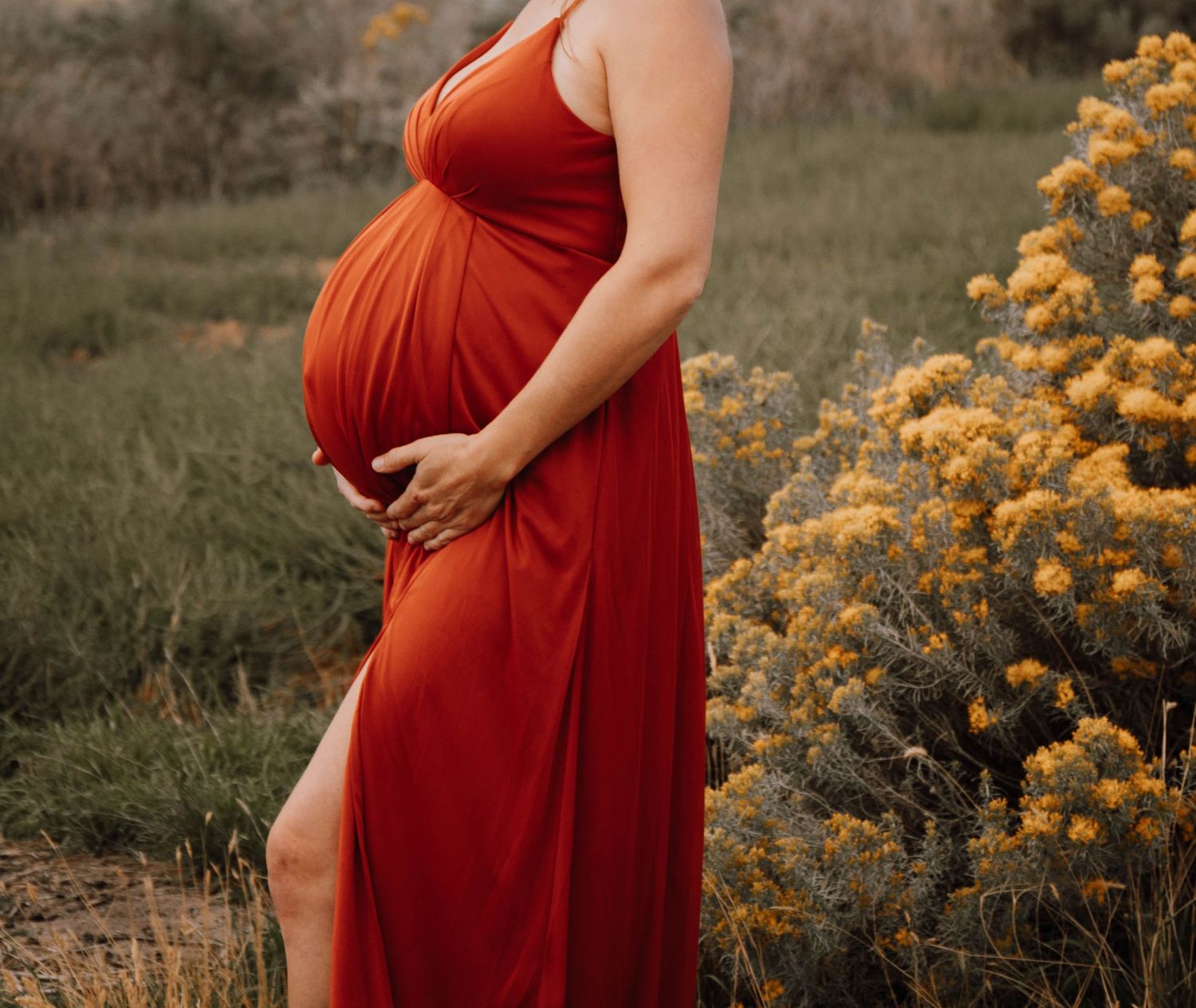 Side view of pregnant woman in red dress standing beside blooming yellow wildflowers against mountains.