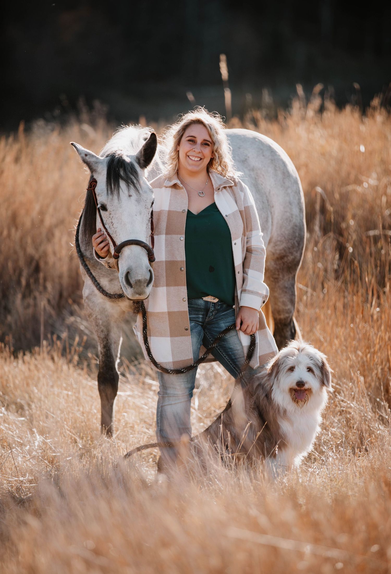 Casual outdoor portrait with a white horse and fluffy dog in a golden autumn field.