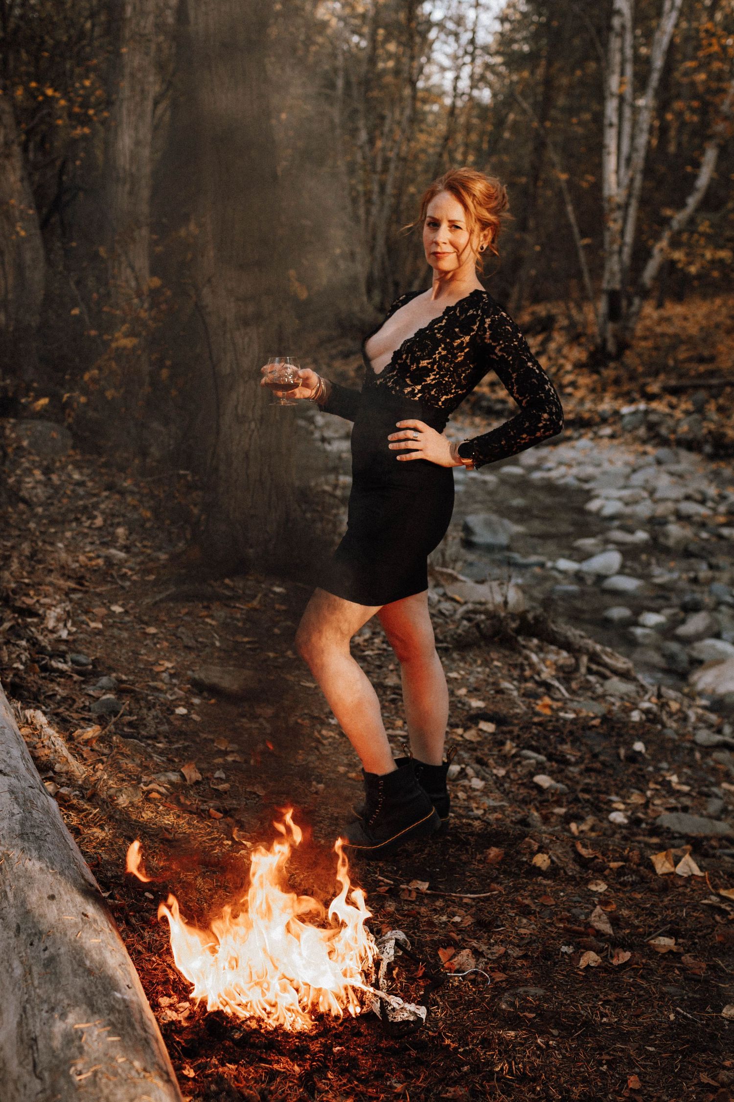 Artistic forest photography sequence featuring fire effects on a fallen log amidst autumn foliage.