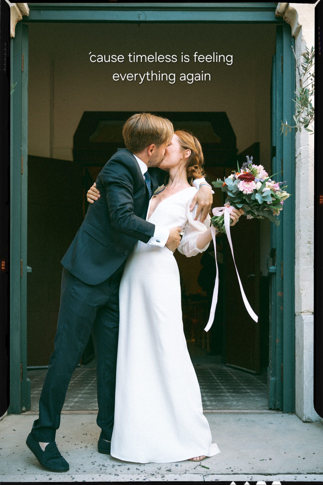 A series of romantic wedding photos showing a couple embracing in front of a doorway.