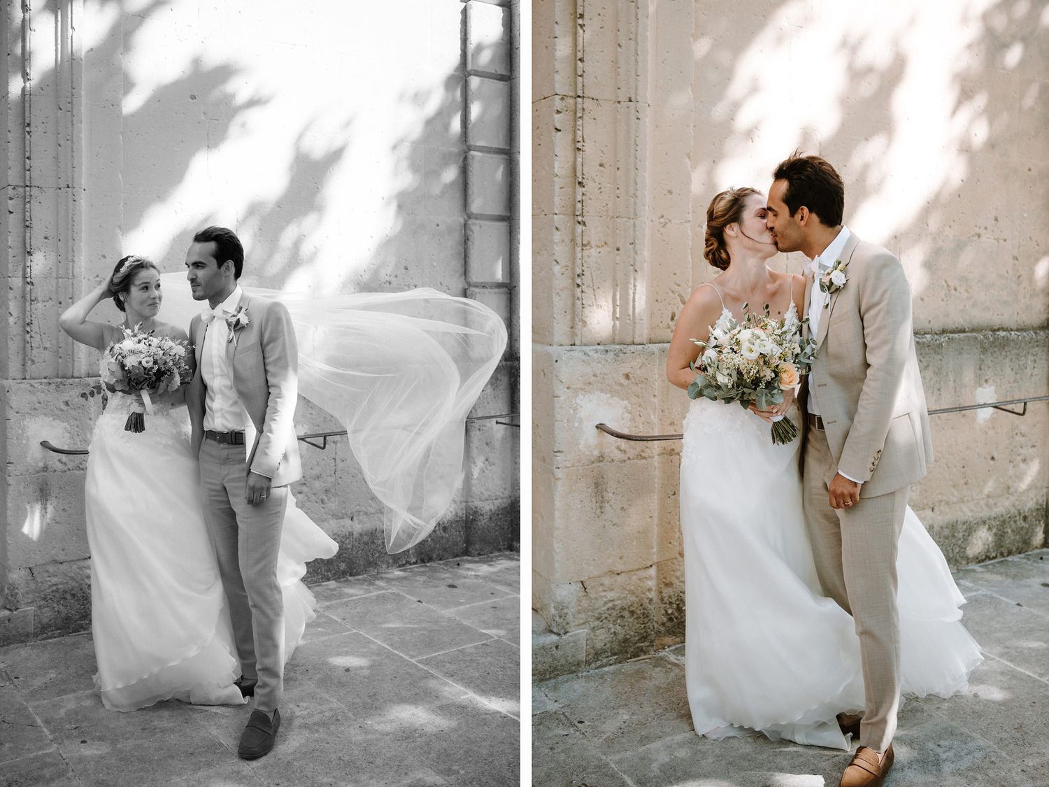Side-by-side wedding portraits showing a couple against a textured wall in color and black and white.