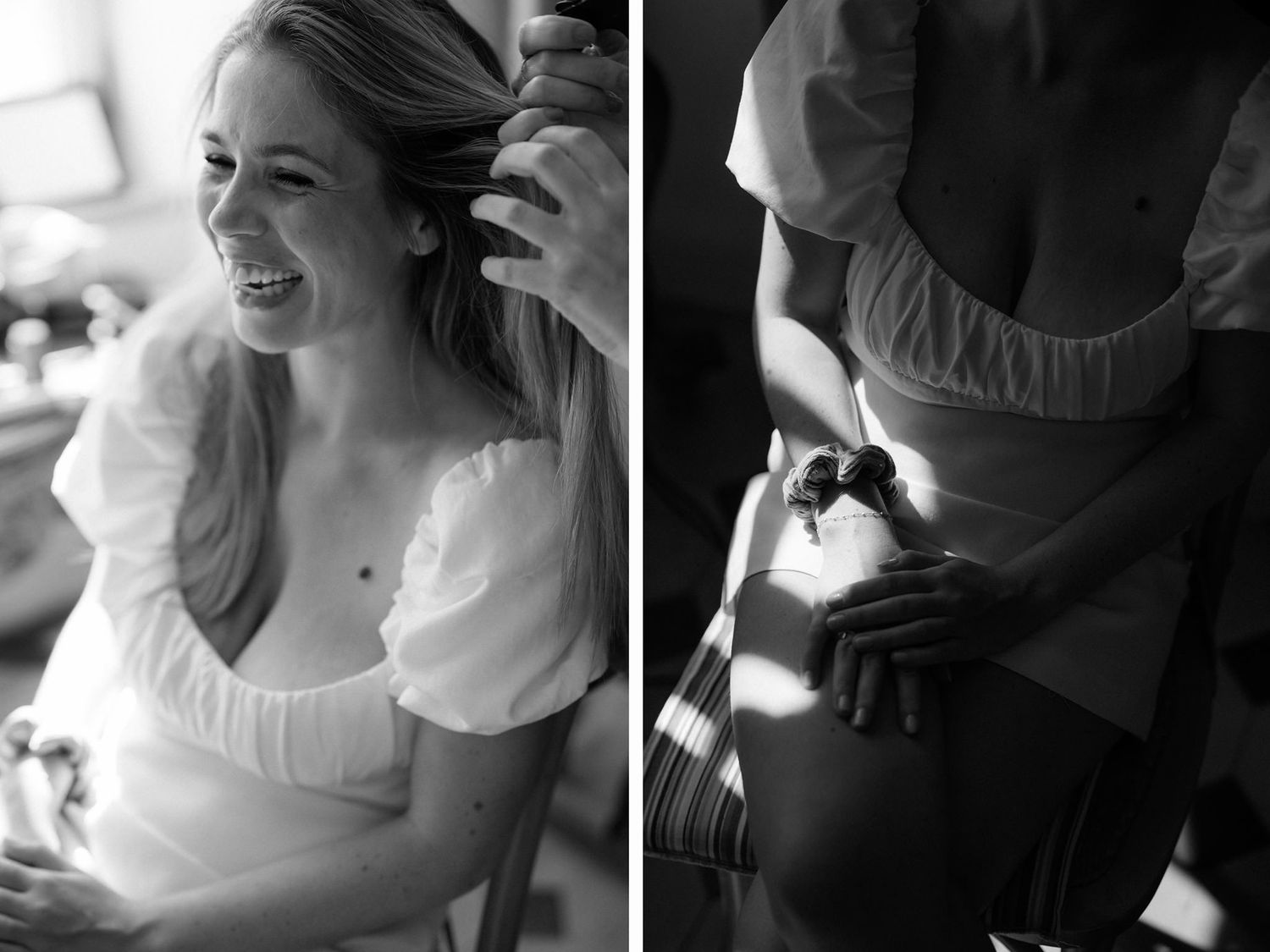 Black and white portraits showing details of a romantic bridal look with puff sleeves.