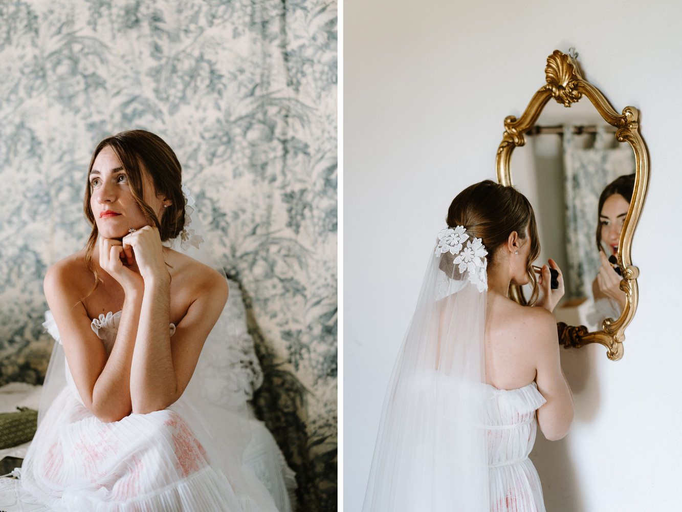 Romantic bridal portraits with vintage mirror and floral wallpaper backdrop.