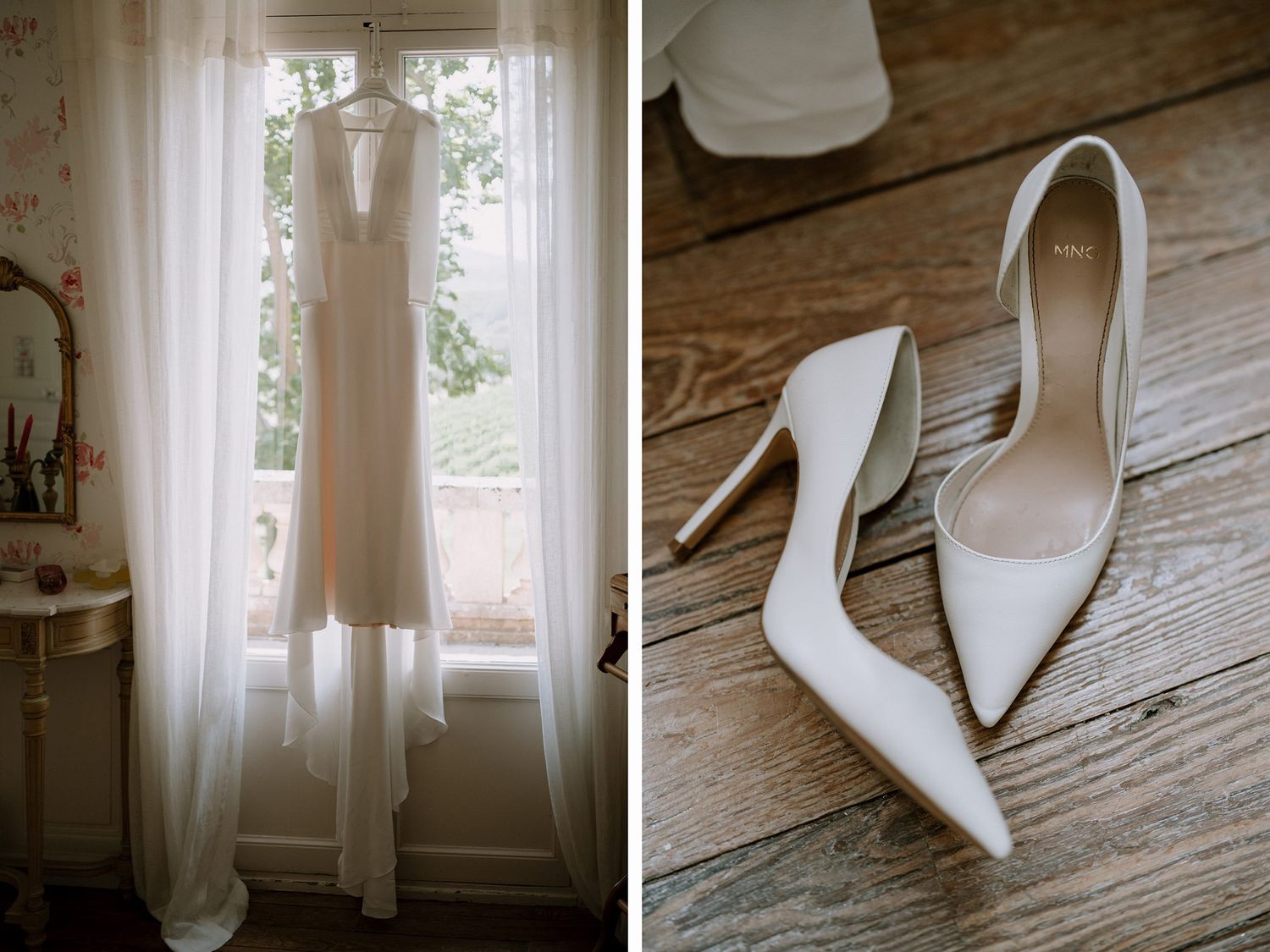 White bridal shoes and veil arranged on rustic wooden floor with natural window light.