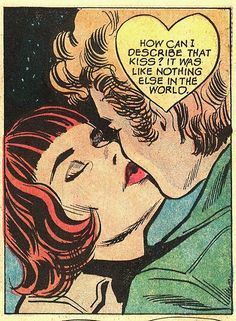 Vintage comic strip panels showing a romantic kissing scene.