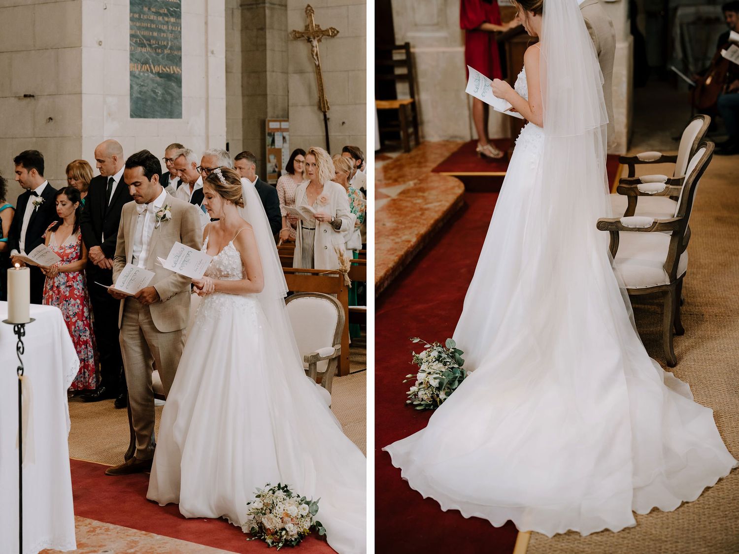 Wedding ceremony in progress at an ornate church with white stone walls and wooden details.