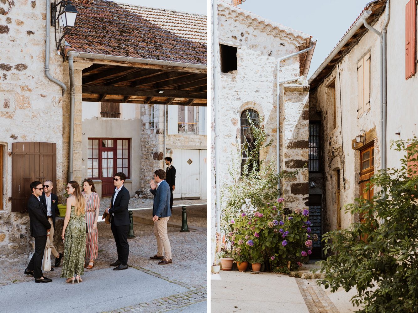 Stone courtyard with rustic architecture and climbing vines on walls.