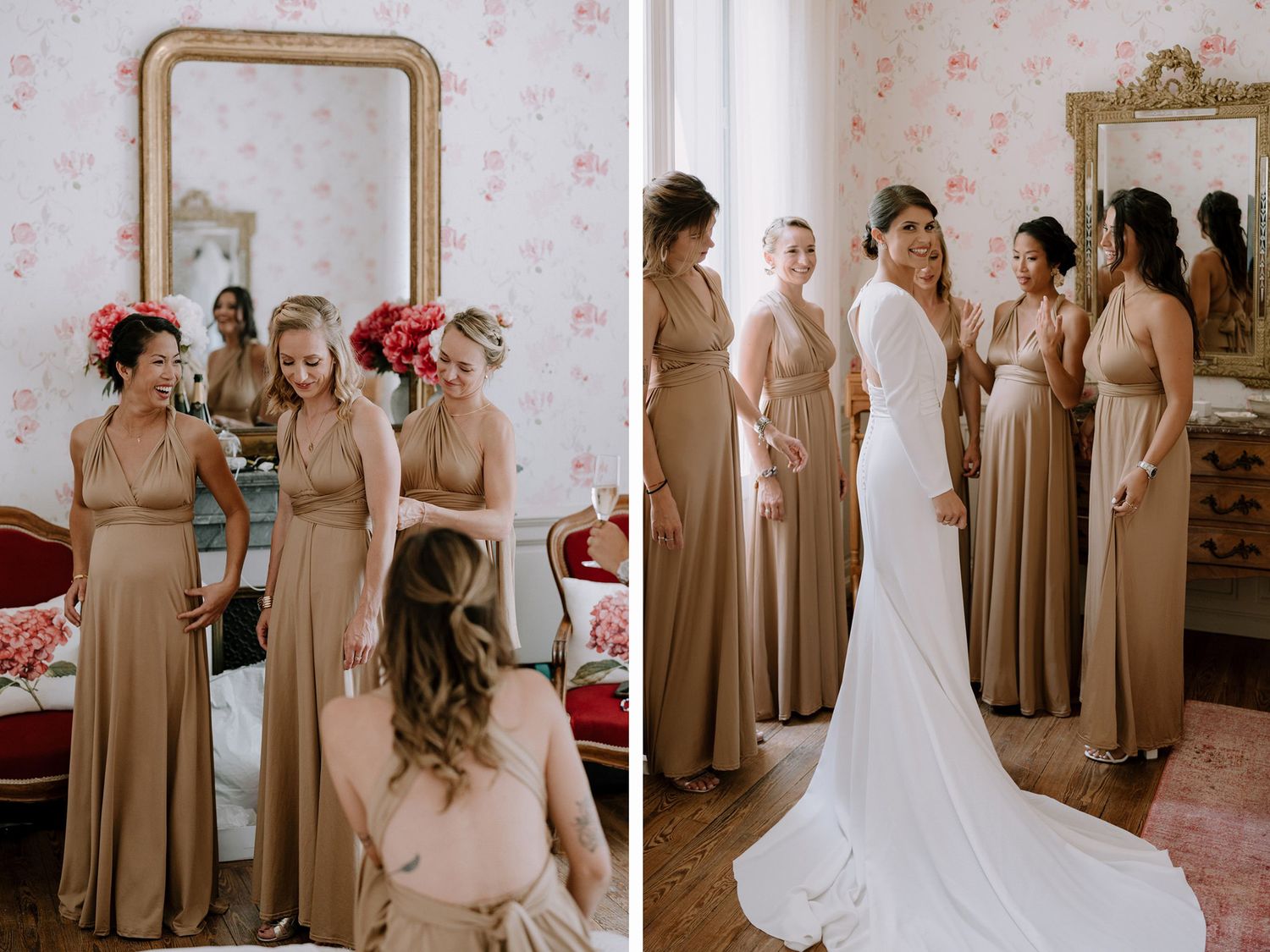 Wedding party in coordinated neutral dresses gathered in elegantly decorated room.