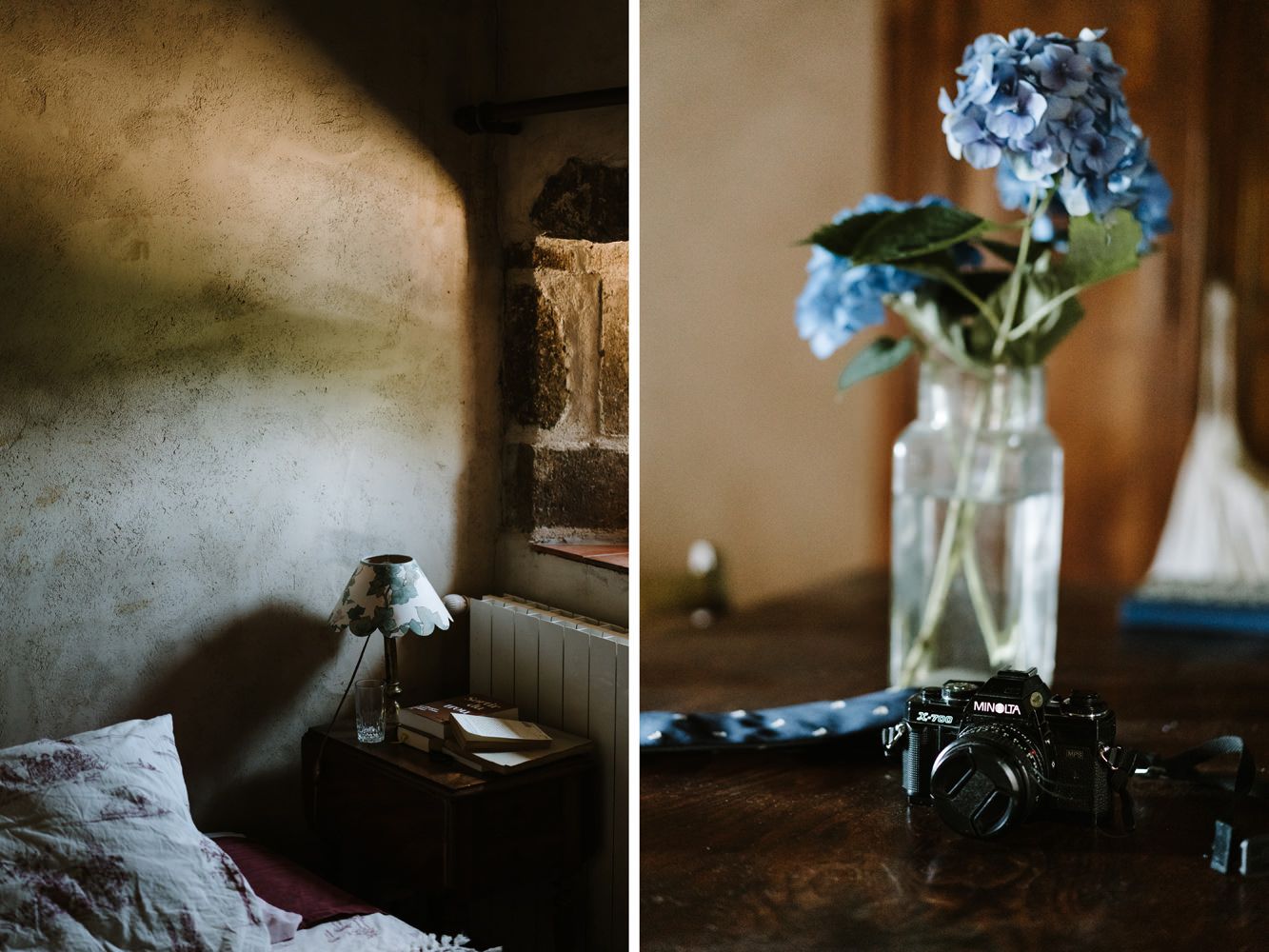 Blue hydrangeas in glass vases against moody lighting and dark backgrounds.
