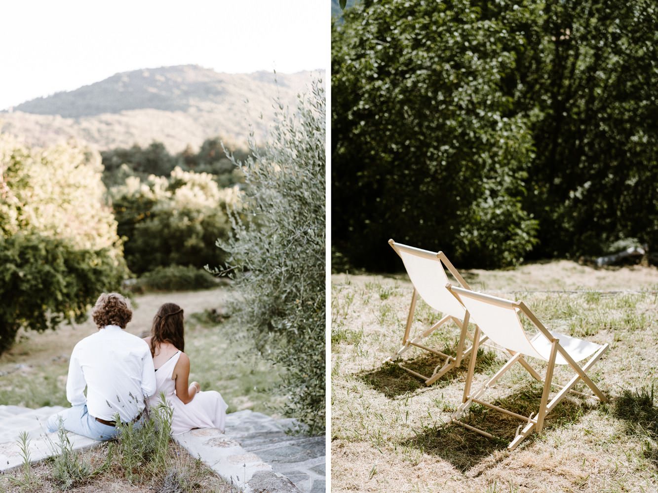 White lounge chairs arranged on grass with mountain views in the background.