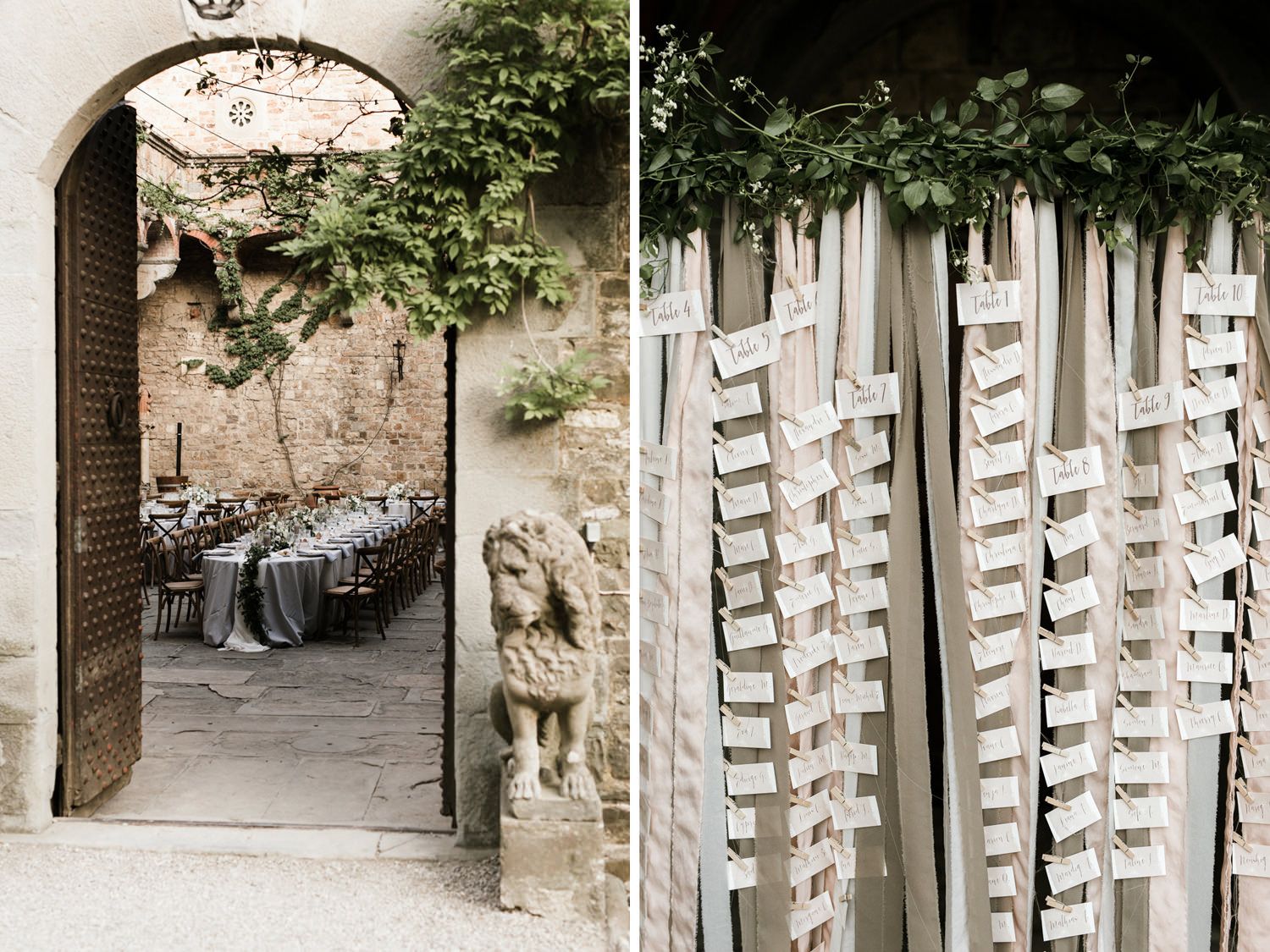 Ancient stone colonnade walkway with white decorative elements and greenery overhead.