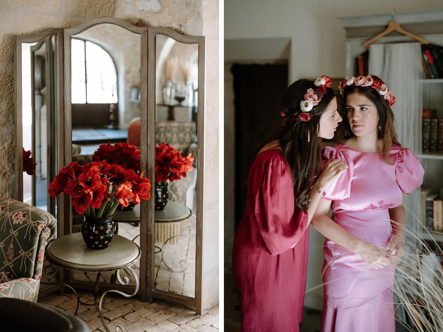 Vintage mirror reflects red flowers in vase beside romantic pink bridal preparation scene.