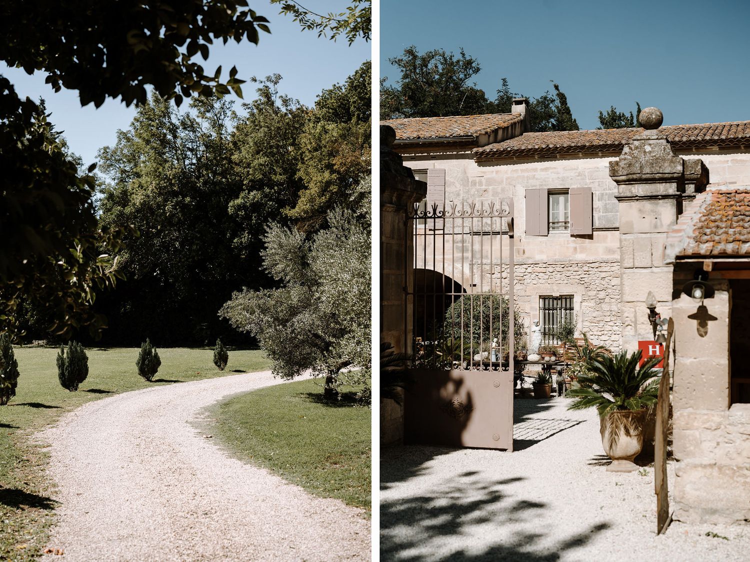 Stone pathway leading to a traditional Mediterranean villa with potted plants.