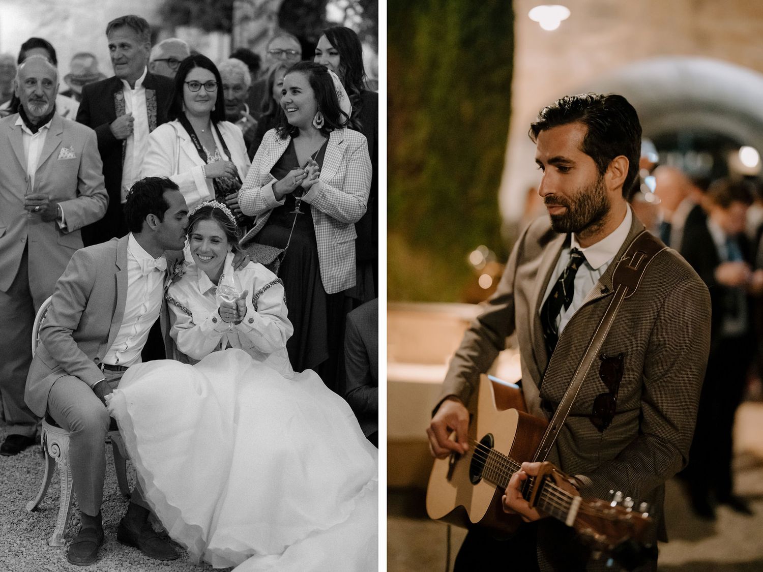Wedding entertainment and candid celebration moments in mixed lighting conditions.