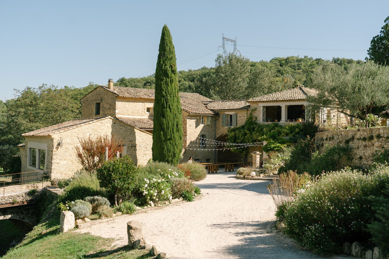 Mediterranean-style villa with cypress trees and manicured gardens in Provence.