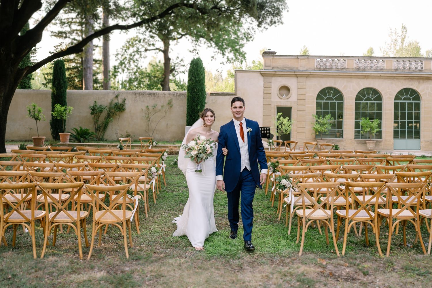 A series of outdoor wedding ceremony photos showing wooden chairs arranged on a lawn with elegant garden venue settings.
