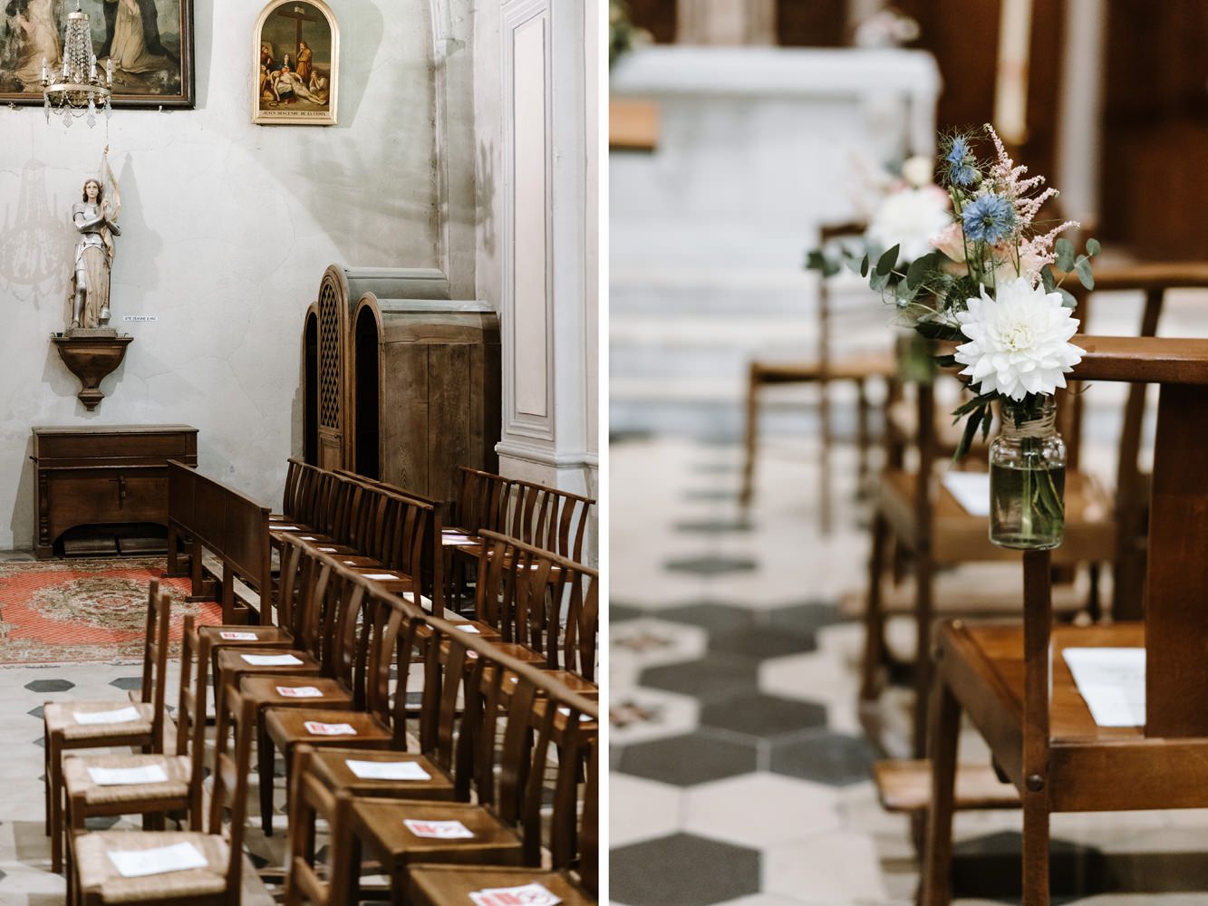 Traditional church interior with wooden pews and white floral arrangements.