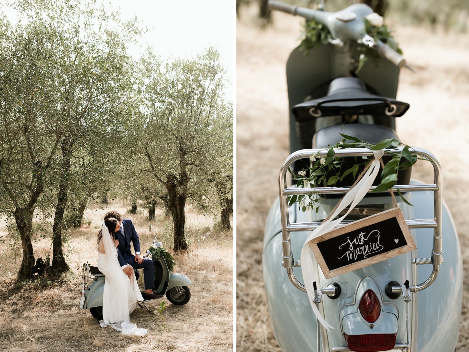 Wedding photos featuring vintage Vespa scooter among olive trees and decorative details.