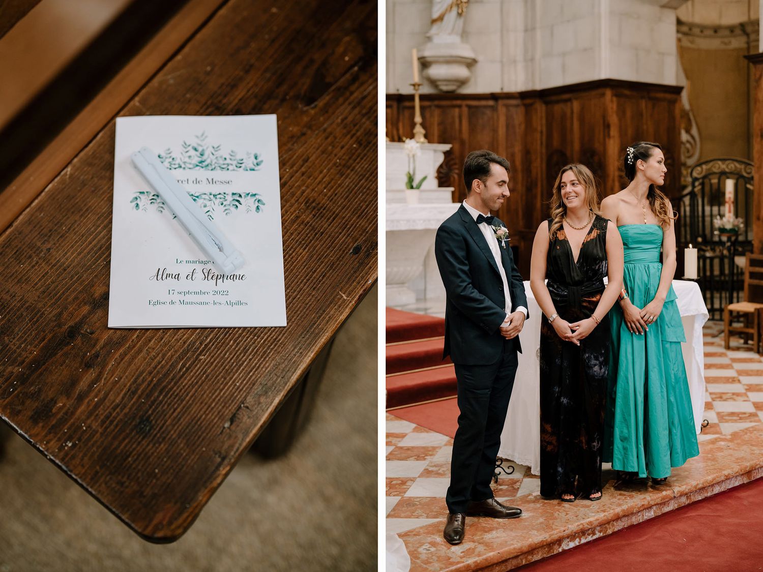 Wedding ceremony details including invitation and formal attire in an elegant church setting.