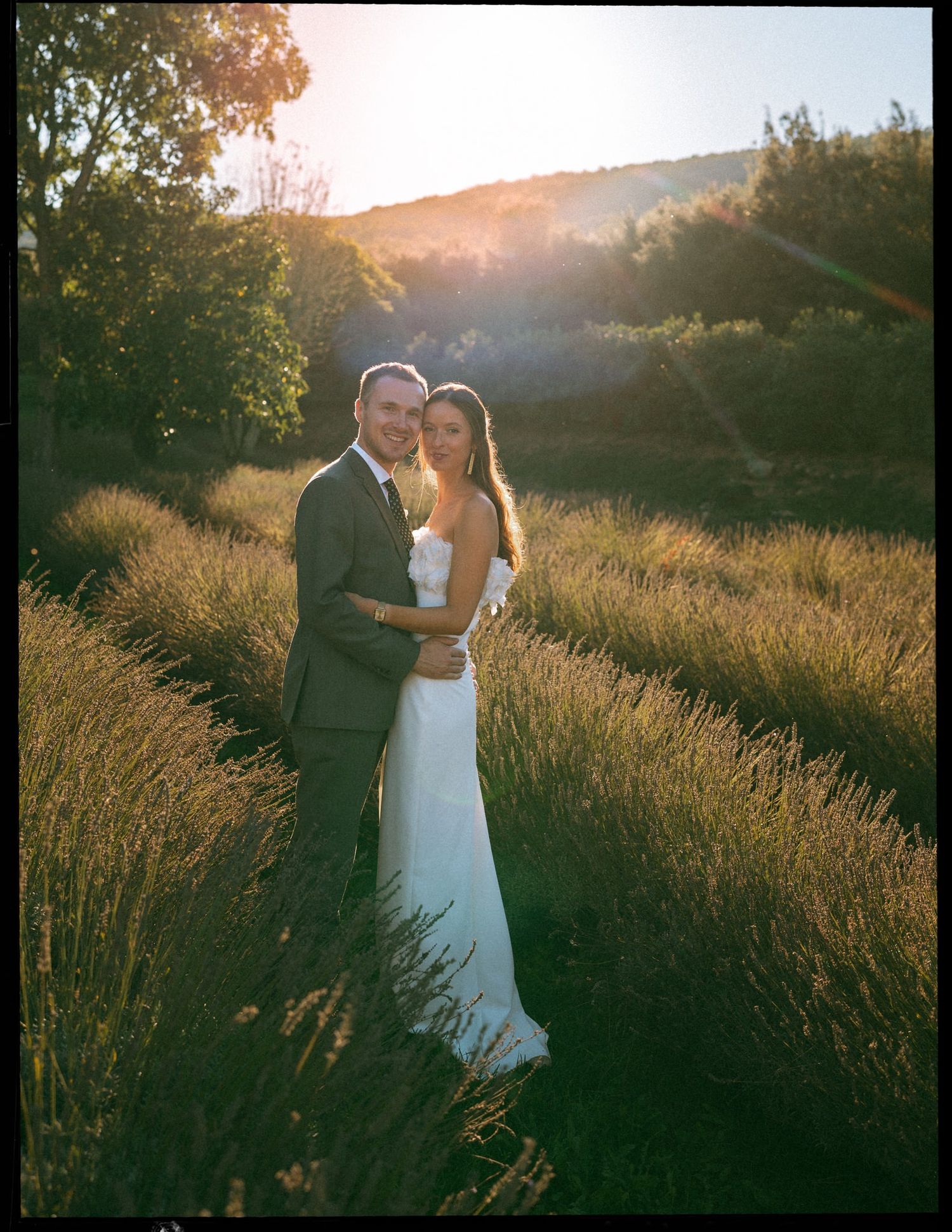 Romantic sunset portraits of a couple in a lavender field with golden backlighting.
