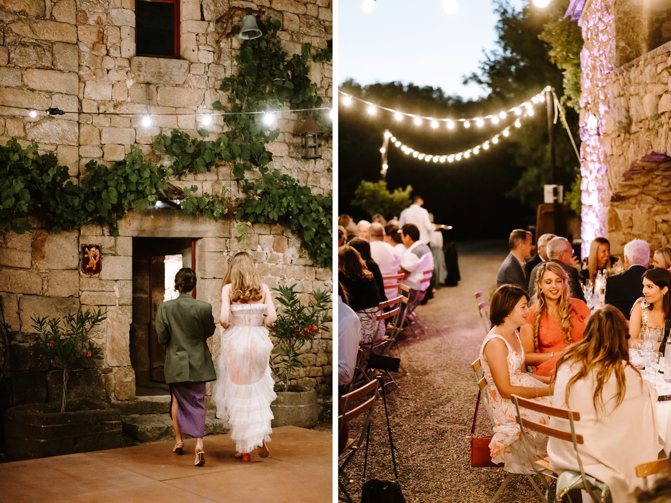 Stone courtyard decorated with string lights for an evening wedding celebration.