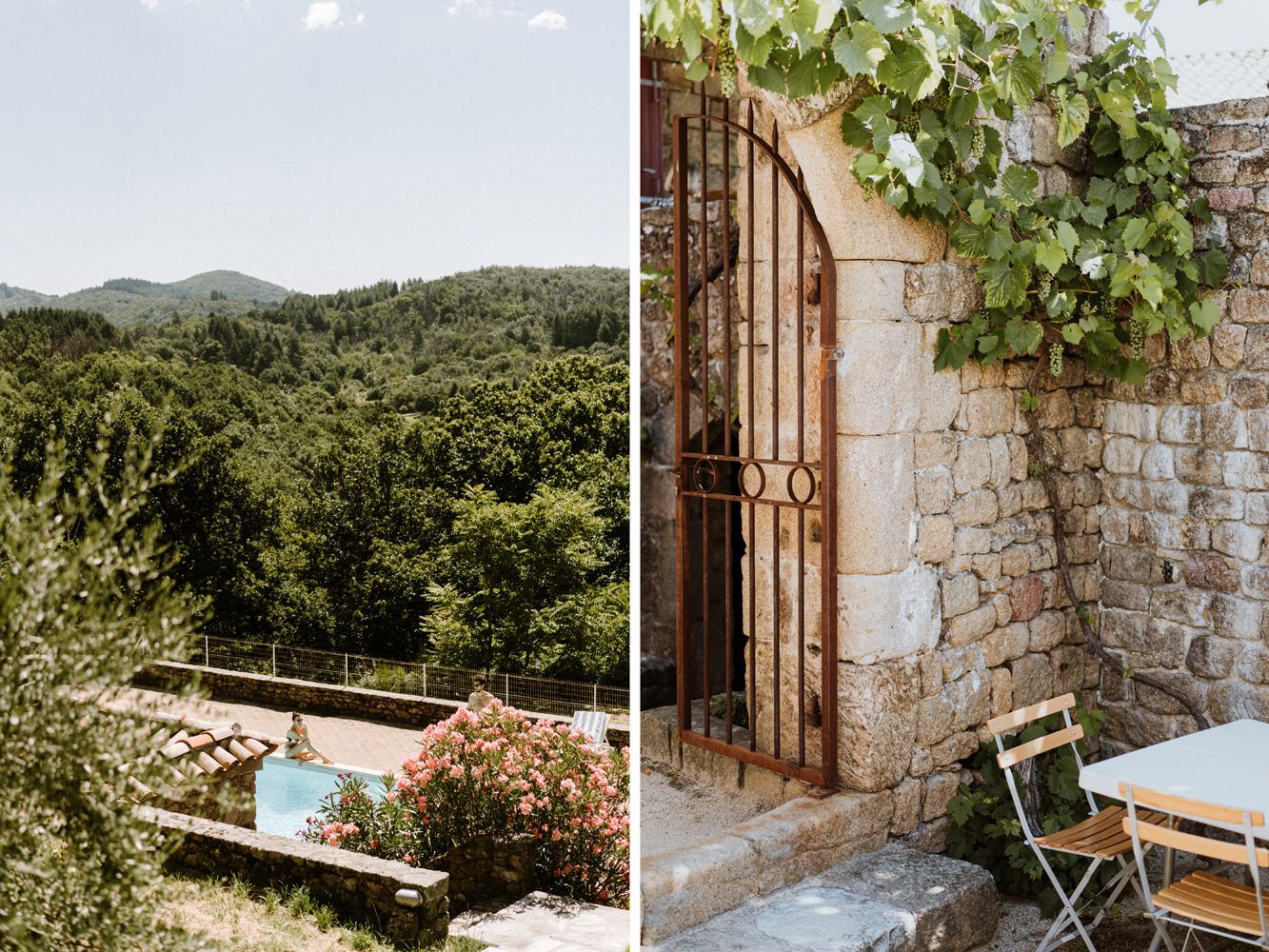 Split view of a hillside swimming pool and stone courtyard with climbing vines in Tuscany.
