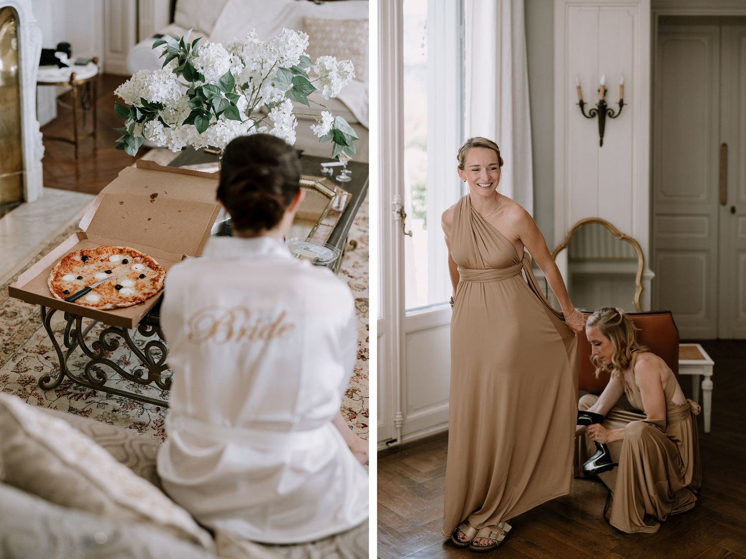 Wedding preparation scene with white robe and elegant champagne colored dress.