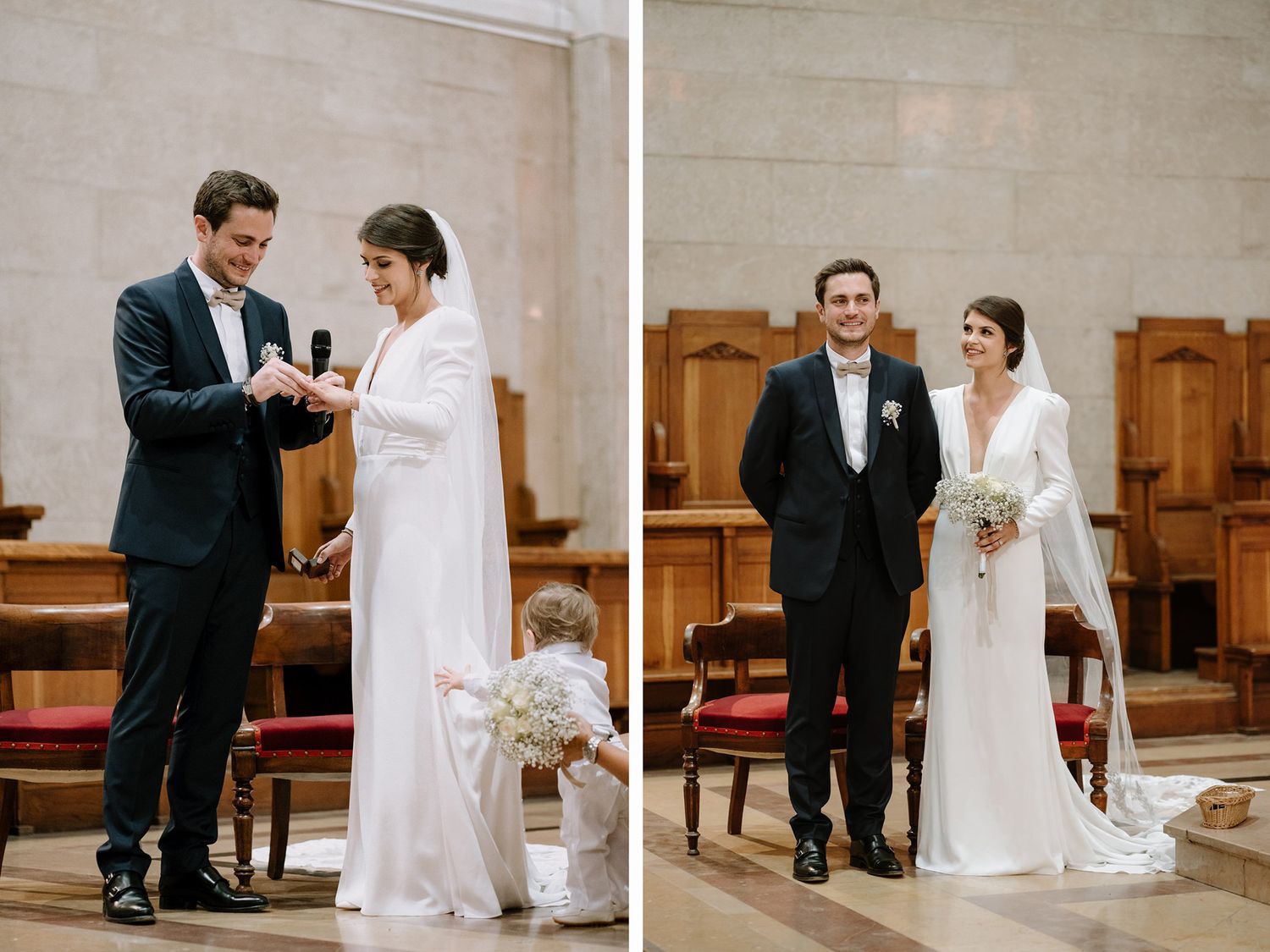Wedding ceremony moments captured in church with elegant decor and traditional attire.