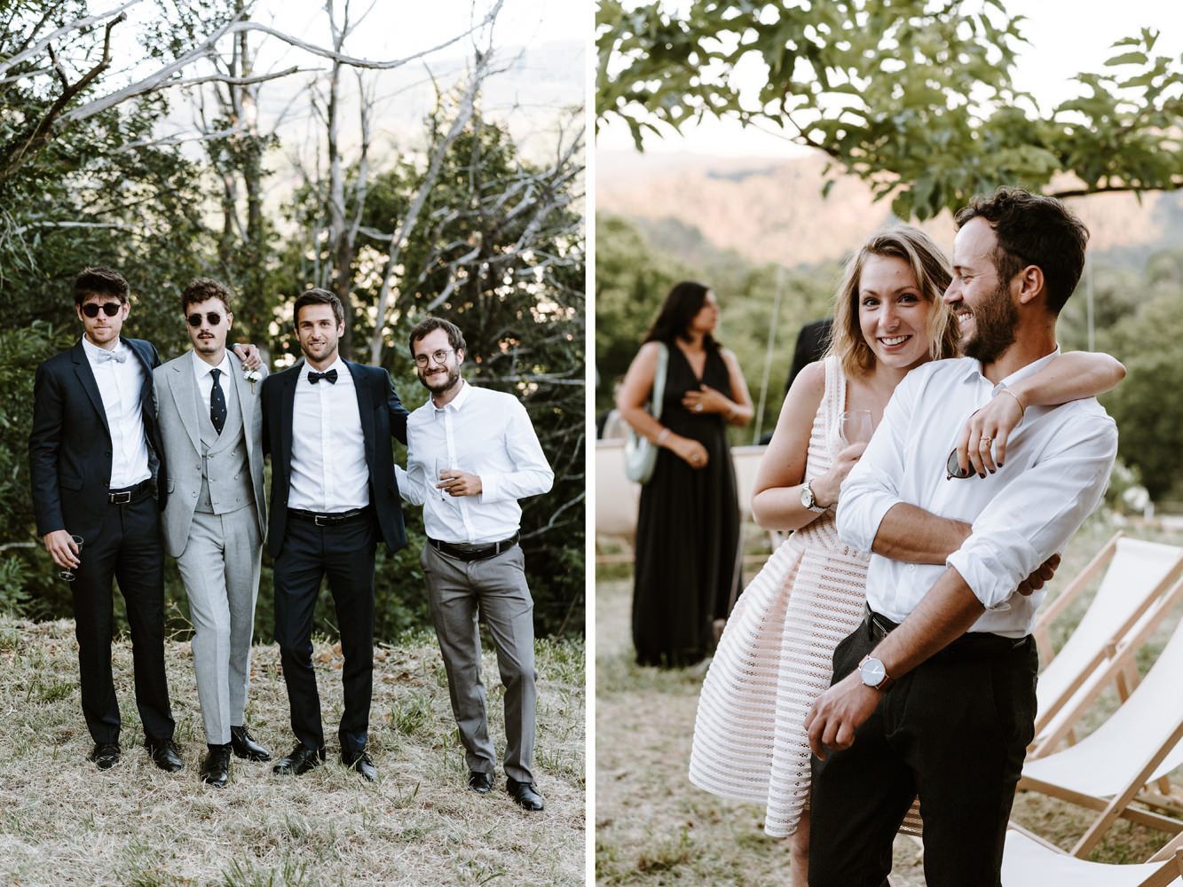 Wedding party members gathered outdoors with scenic mountain backdrop.