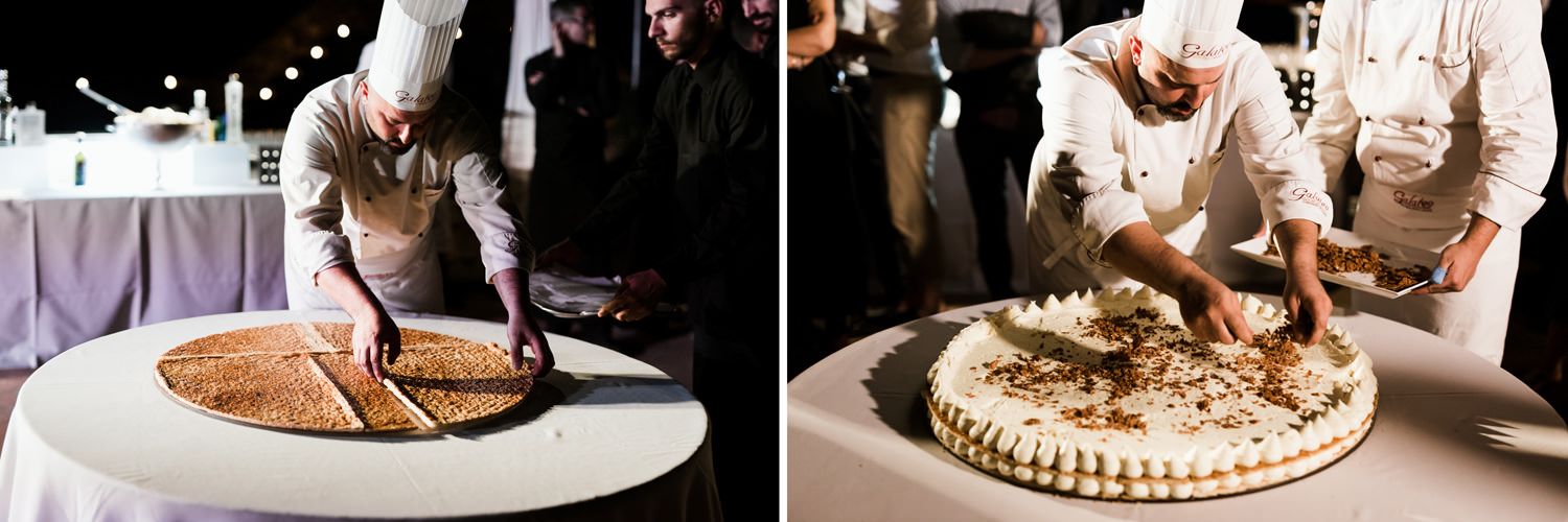 Close-up details of wedding desserts and cakes displayed on elegant serving platters.