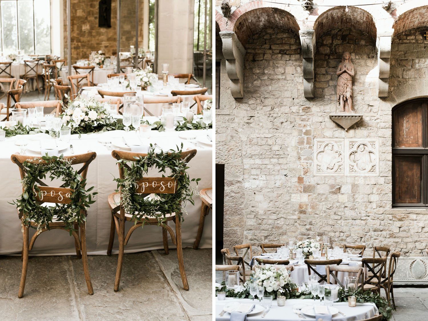 Wedding reception decor featuring white florals and rustic elements in a stone venue.