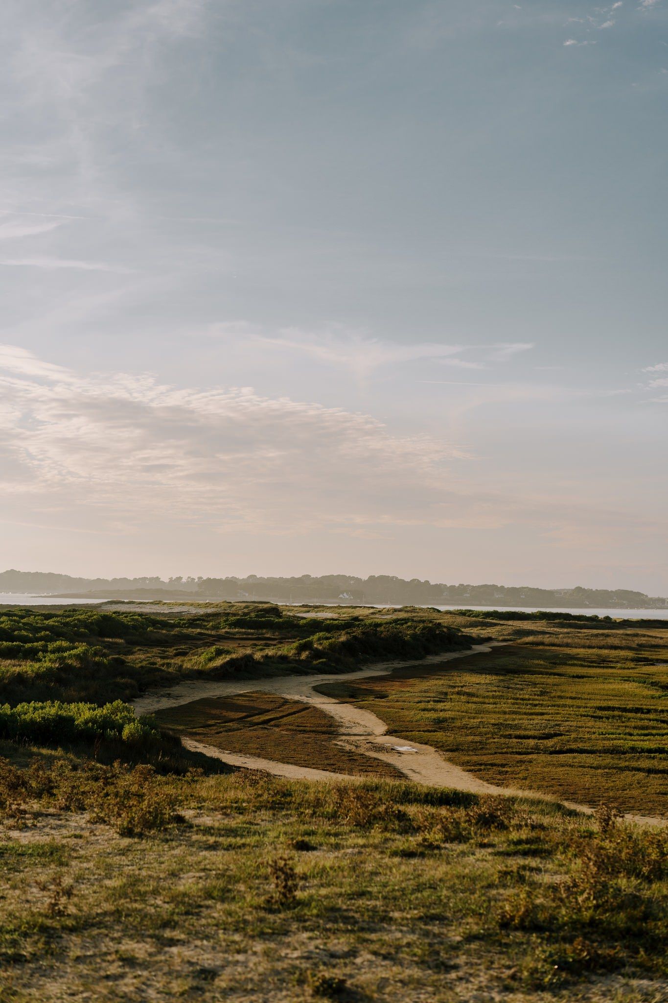 A scenic coastal landscape with rolling hills and winding paths under a blue sky.