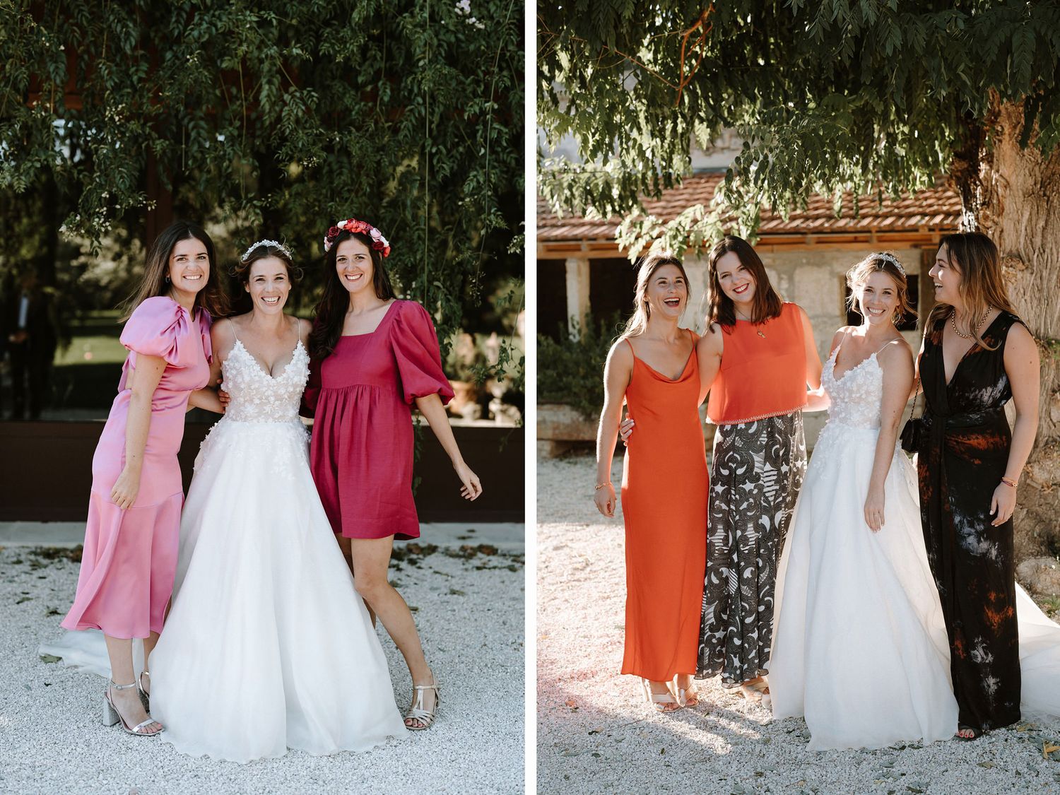 Wedding celebration with attendees in colorful dresses outdoors.