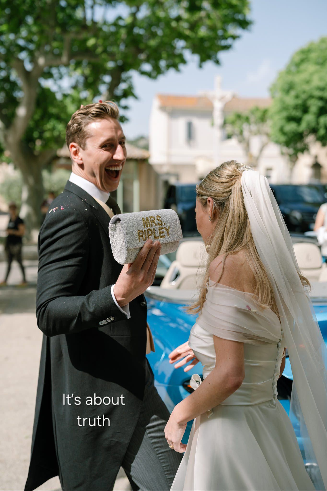 A series of candid wedding photos showing a couple sharing laughter and joyful moments outdoors on their special day.
