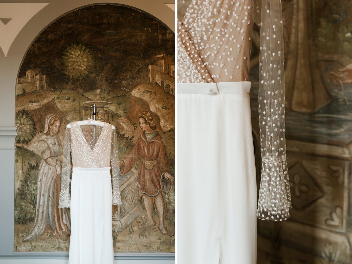 White wedding dress displayed against a backdrop of historic frescoes and ornate wall decorations.