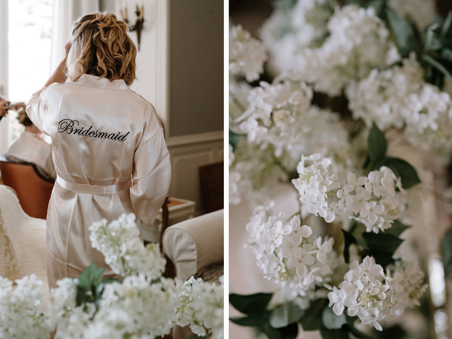 White floral arrangements and bridal preparation robes in a classic getting-ready room.