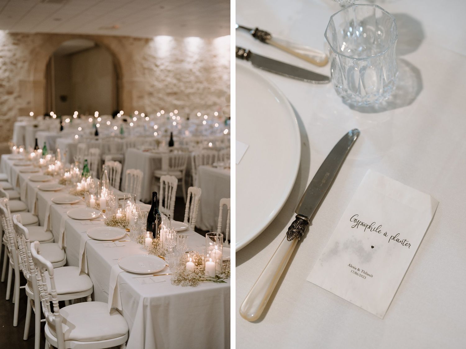 Minimalist wedding reception table settings with white linens and place cards.