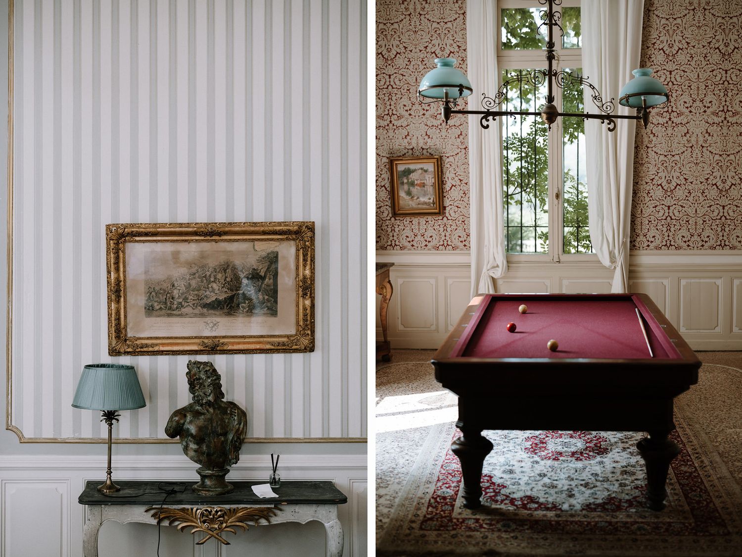Elegant vintage interior with striped wallpaper and antique furniture.