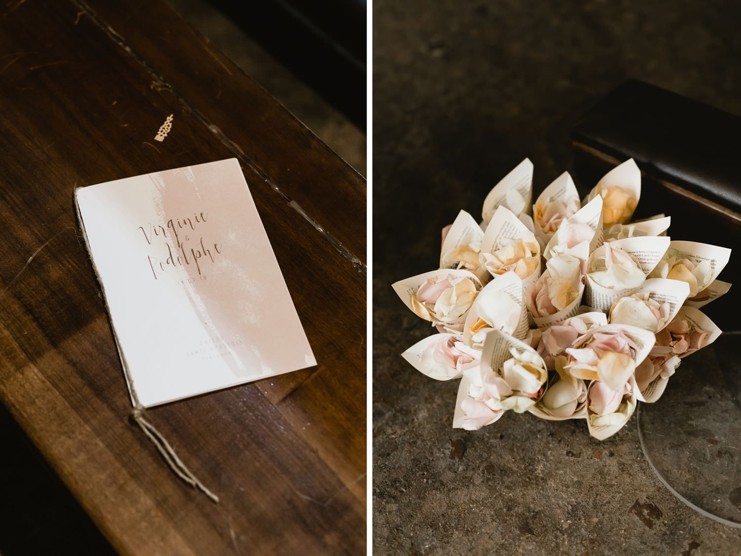 Wedding details showing a white paper booklet and delicate paper flower arrangement on wooden surface.