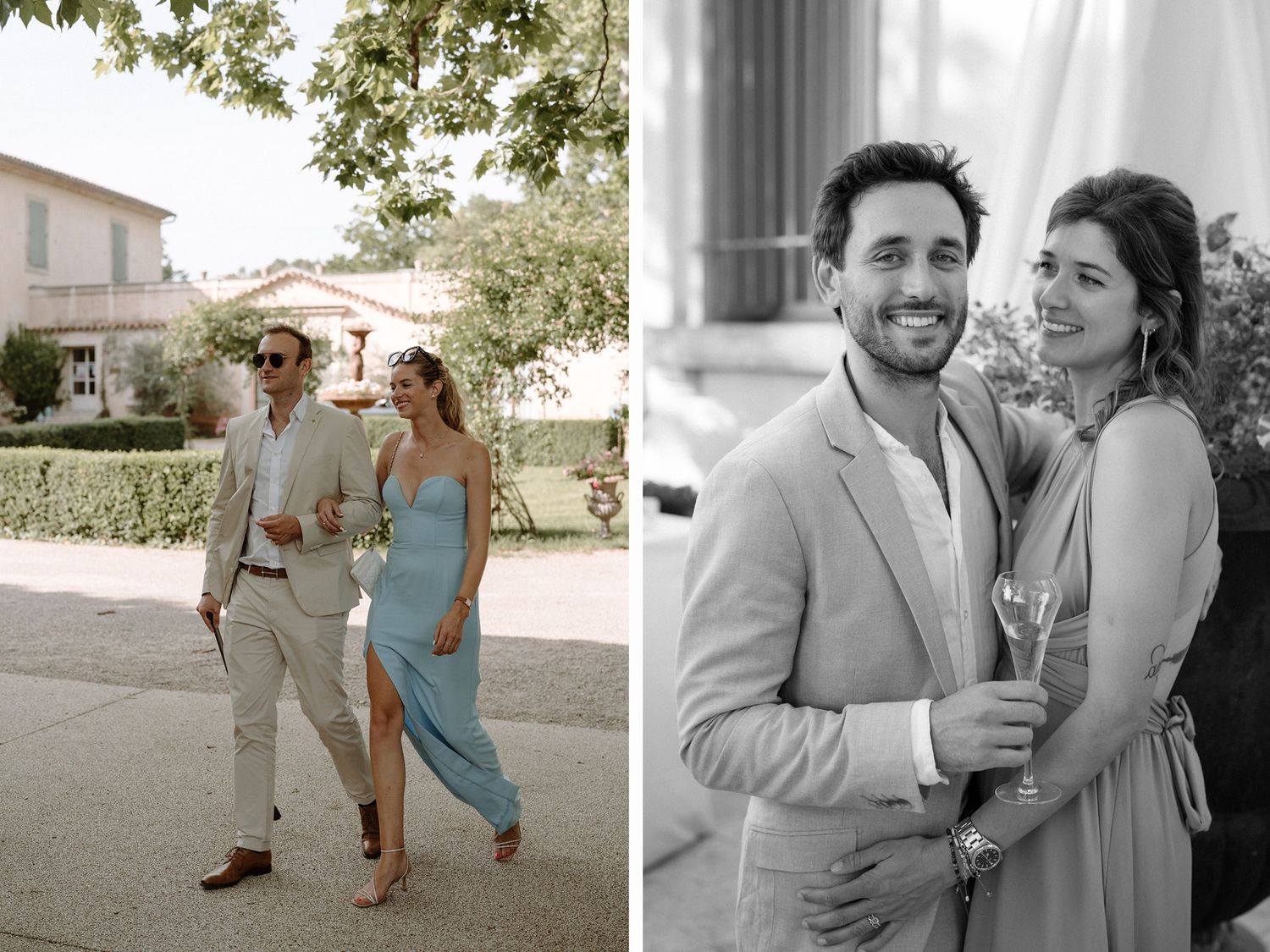 A couple shares joyful moments together in an outdoor setting with natural lighting and greenery.